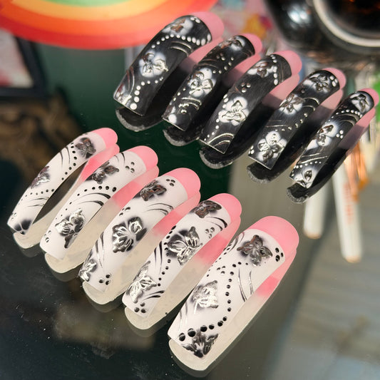 90s Fine🖤🤍– Luxury Handmade Press-On Nails (Full Set)