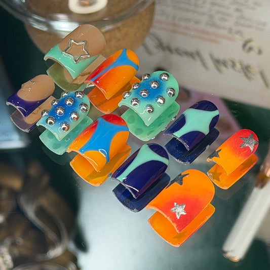 Tropicana🦜🩵🧡– Luxury Handmade Press-On Nails